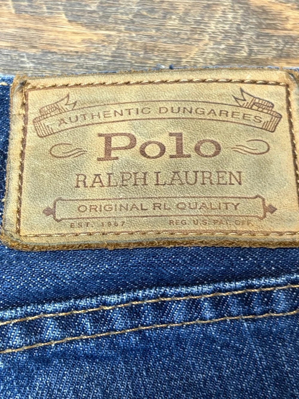 Polo Ralph Lauren Hampton Straight Jeans Men 38x30 Blue Denim Whiskered Distress